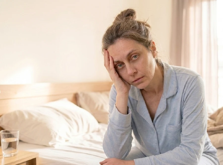 Mulher exausta, com olheiras, refletindo a dificuldade para dormir bem